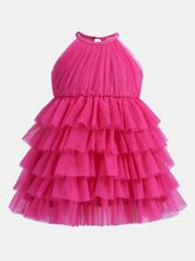 SHEIN Baby Girl Solid Color Multi-Layer Ruffle Neck Sleeveless Dress - Pink - View 5