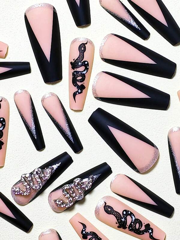 Transform Your Nails with 24pcs Long Coffin Black French Glitter Matte