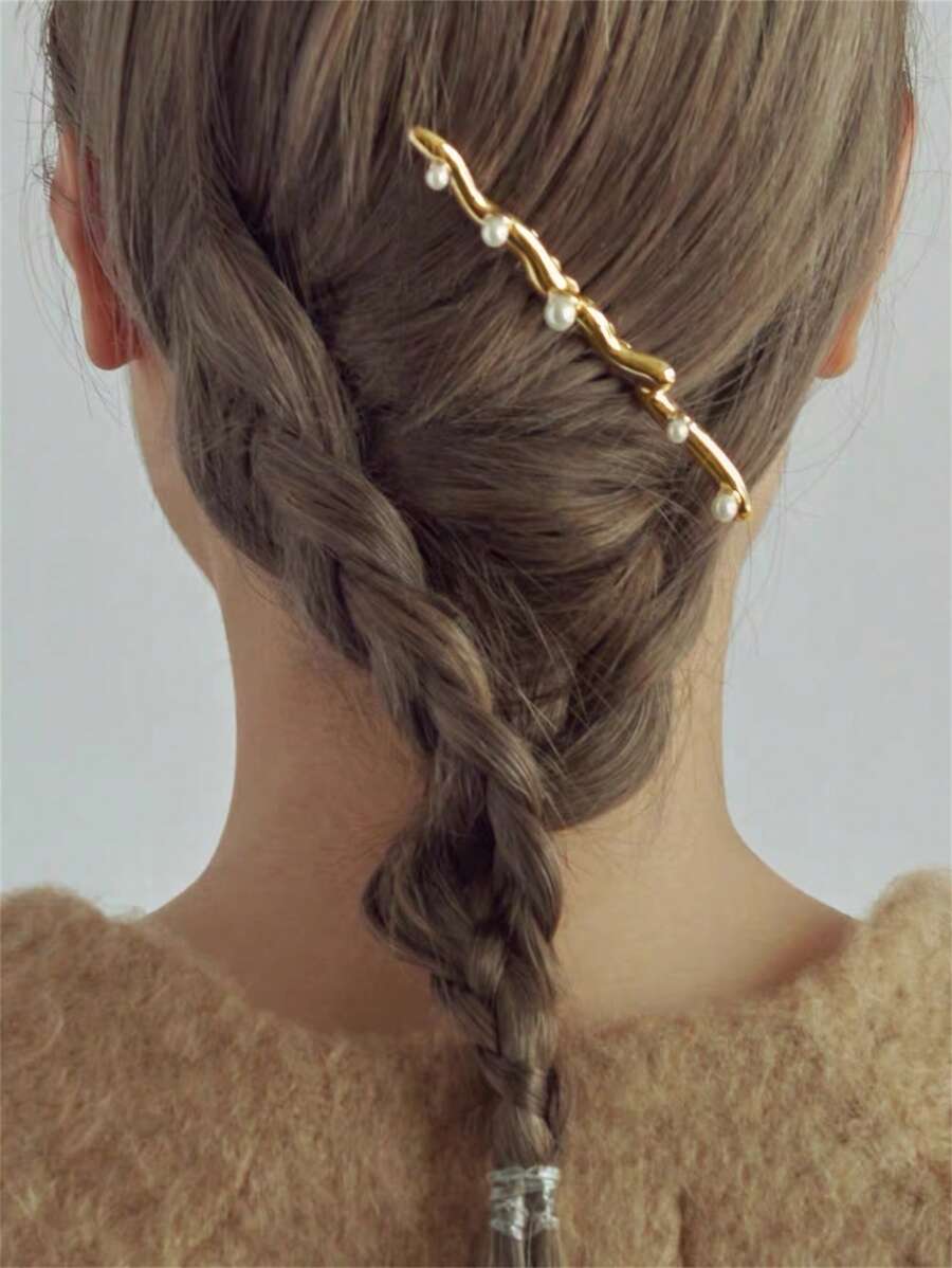 1 件优雅百搭新娘/婚礼珍珠金属发梳侧发饰，时尚 - 金色 - 查看 1
