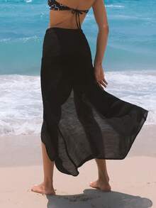 Bikinx Solid Color Patchwork V-Neck Semi-Transparent Cover Up Skirt With Slit Summer - Black - View 7