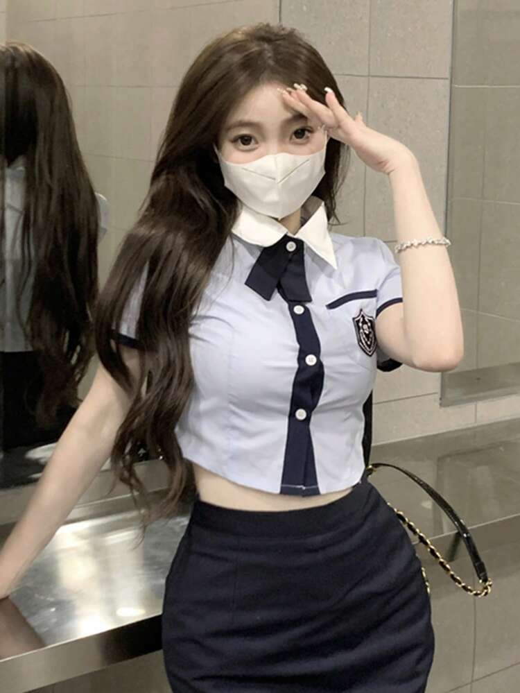 Contrast Trim Patched Button Front Crop Shirt - Blue - View 1