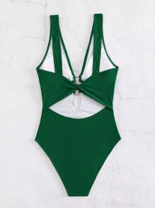 SHEIN Swim Bộ đồ bơi một mảnh hở cổ sâu có đường cắt trái tim phía trước, dành cho kỳ nghỉ hè ở bãi biển - Màu xanh lá cây đậm - Xem 4