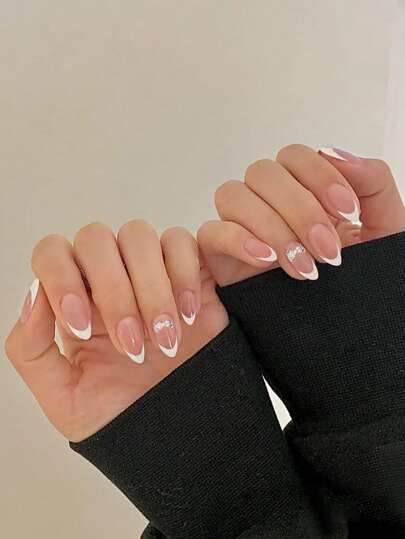 24入組長形杏仁白色法式和3D蝴蝶結設計，假指甲套裝，為女性和女孩提供按壓式指甲和指甲用品，讓你升級造型