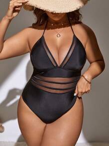 Swim SXY Summer Beach Plus Contrast Mesh Halter One Piece Swimsuit
