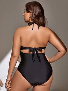 Swim SXY Summer Beach Plus Contrast Mesh Halter One Piece Swimsuit