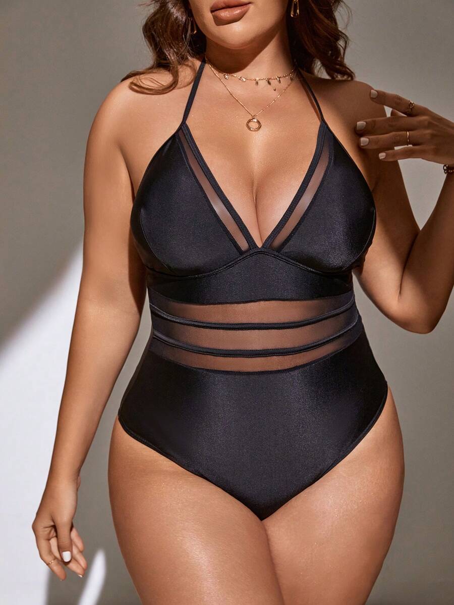 Swim SXY Summer Beach Plus Contrast Mesh Halter One Piece Swimsuit
