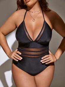 Swim SXY Summer Beach Plus Contrast Mesh Halter One Piece Swimsuit