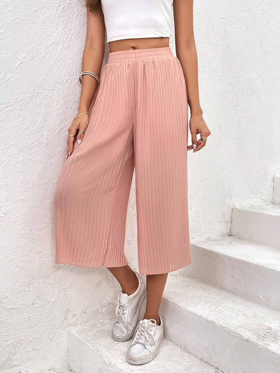 SHEIN VCAY Solid Pleated Wide Leg Trousers - Pink - View 1