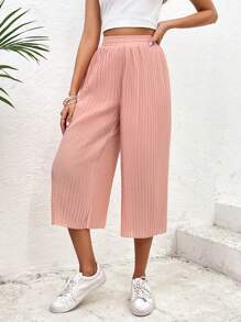 SHEIN VCAY Solid Pleated Wide Leg Trousers - Pink - View 4