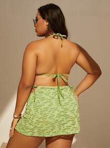 Swim Mod Plus Size Solid Halter Triangle Bikini Set With Beach Skirt Summer Beach - Green - View 2