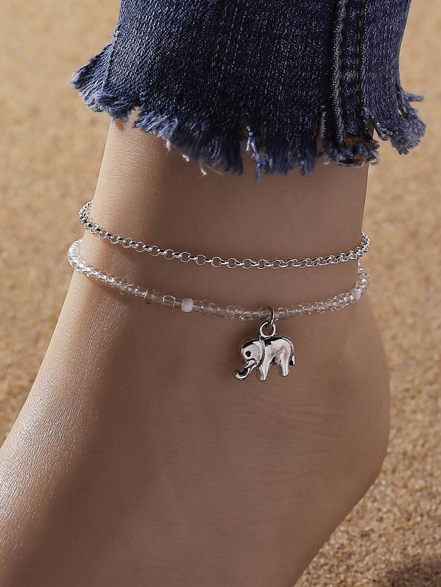 2 cái/bộ Đi Biển Phong Cách Bohemian Hình Voi Dễ Thương & Bộ Vòng Chân Hạt Gạo Cho Nữ, Holiday Vibe - Bạc - Xem 1