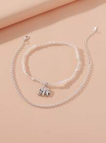 2 cái/bộ Đi Biển Phong Cách Bohemian Hình Voi Dễ Thương & Bộ Vòng Chân Hạt Gạo Cho Nữ, Holiday Vibe - Bạc - Xem 2