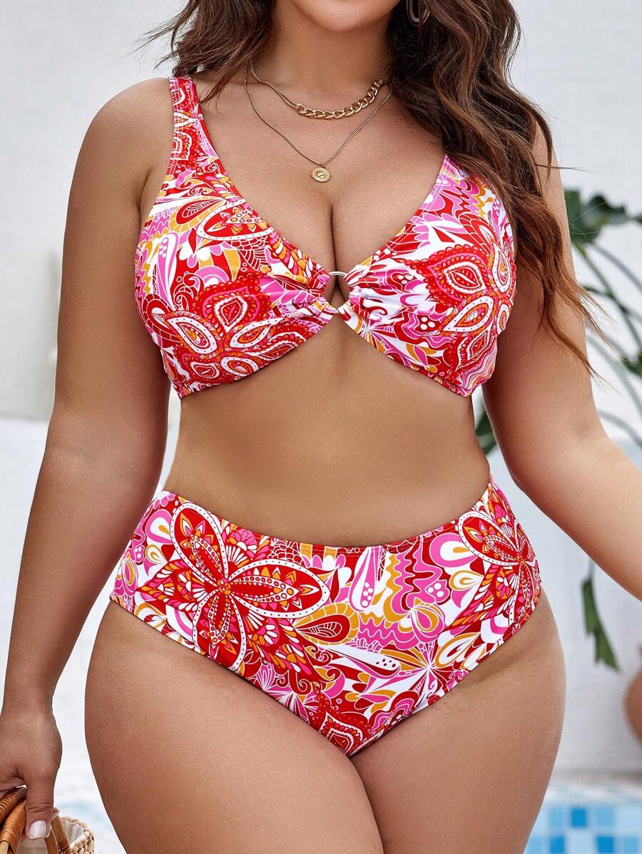 SHEIN Swim Curve Bộ bikini in hoa cỡ lớn đi biển mùa hè - Nhiều màu - Xem 1