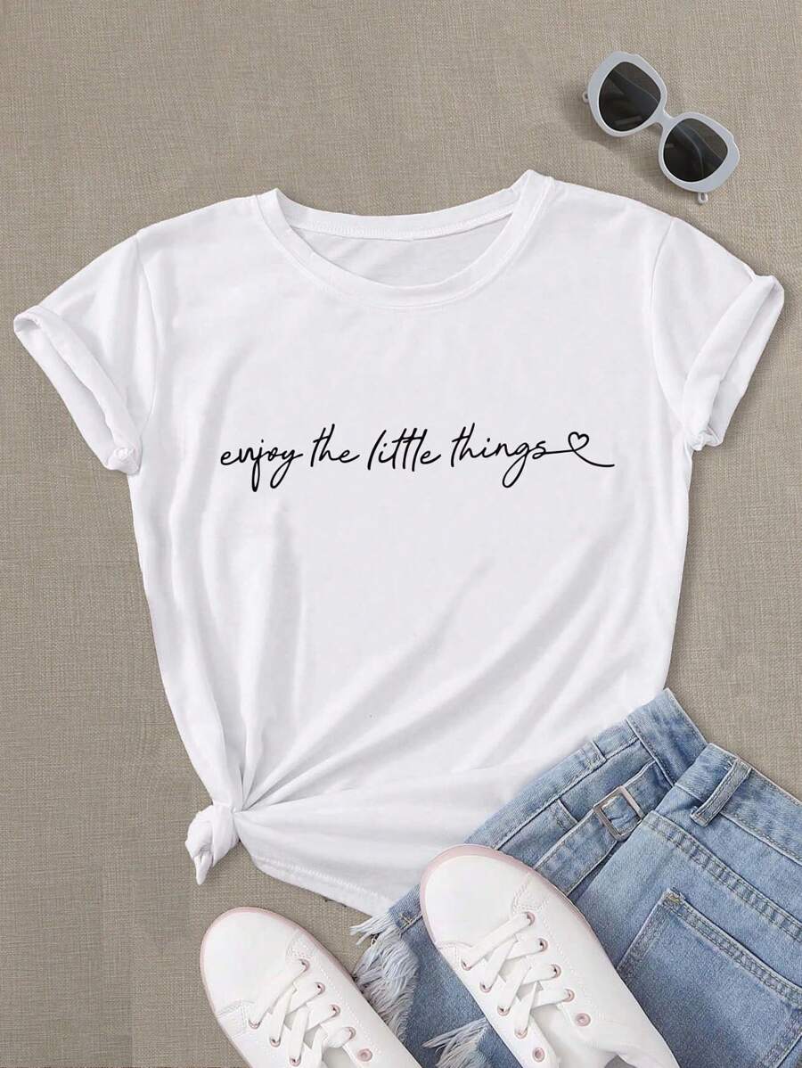 SHEIN Essnce Plus Slogan Graphic Tee Enjoy The Little Things For Summer - White - View 1