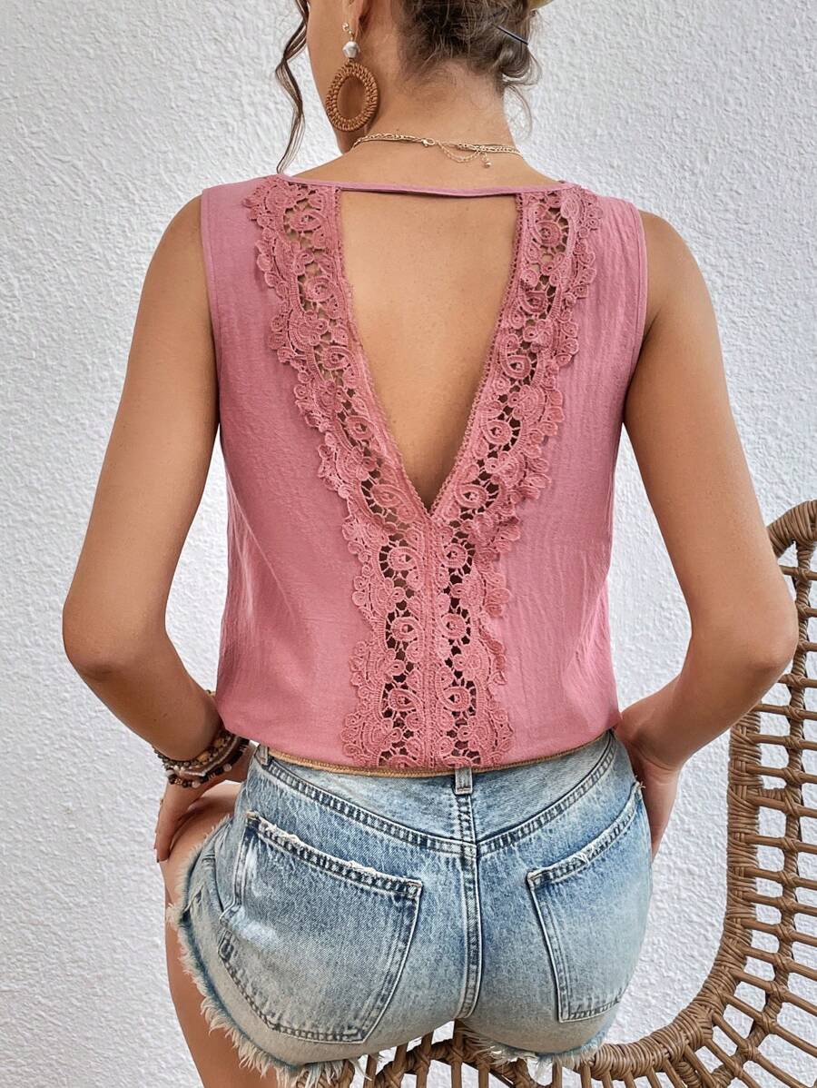 SHEIN Clasi Guipure Lace Panel Cut Out Back Blouse - Dusty Pink - View 1