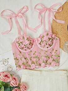 FloralLove Floral Embroidery Mesh Overlay Tie Strap Underwire Bra Lingerie Bountiful Floral Splendor - Pink - View 4