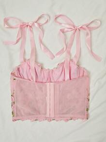 FloralLove Floral Embroidery Mesh Overlay Tie Strap Underwire Bra Lingerie Bountiful Floral Splendor - Pink - View 5