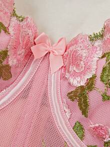 FloralLove Floral Embroidery Mesh Overlay Tie Strap Underwire Bra Lingerie Bountiful Floral Splendor - Pink - View 7