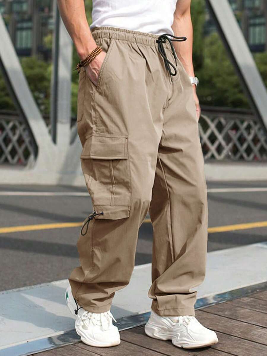 Manfinity Homme 男士側翻蓋口袋腰部抽繩工裝褲 - 駝色 - 查看 1