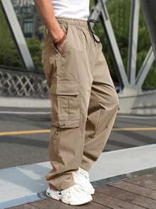 Manfinity Homme 男士側翻蓋口袋腰部抽繩工裝褲 - 駝色 - 查看 3