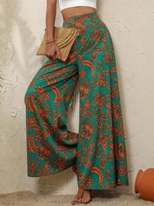 Breezaya Floral Print Wide Leg Trousers - Dark Green - View 1