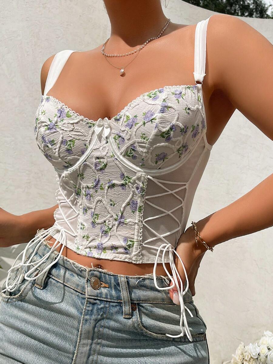 印花前繫帶鋼圈文胸 - 白色 - 查看 1