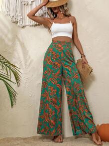 Breezaya Floral Print Wide Leg Trousers - Dark Green - View 3