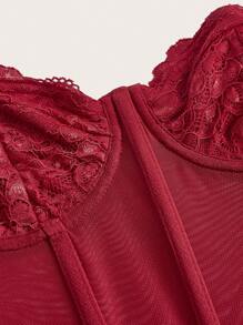 SHEIN ICON Áo nữ Tương phản ren Tương phản Mesh cắt màu trơn Gợi cảm - Màu Đỏ Sâu - Xem 4