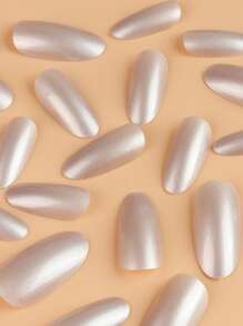 Elevate Your Style with 24pcs Long Oval Apricot Pearl Aurora Pearlescent Effect Fake Nail & 1pc Nail File & 1sheet Nail Tape