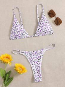 Ditsy Floral Triangle Thong Bikini Set - White - View 1