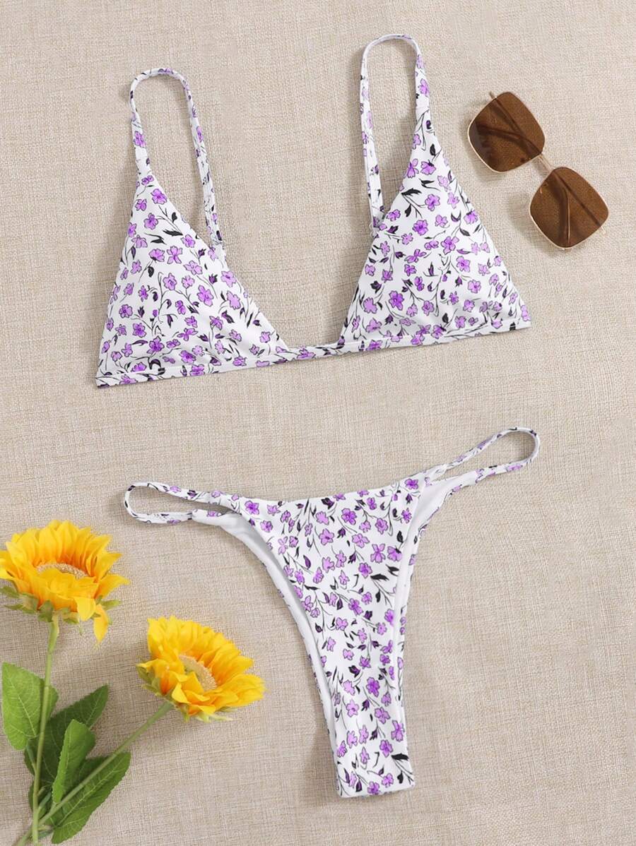 Ditsy Floral Triangle Thong Bikini Set - White - View 1