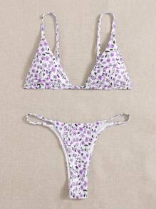 Ditsy Floral Triangle Thong Bikini Set - White - View 4