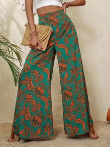 Breezaya Floral Print Wide Leg Trousers - Dark Green - View 4