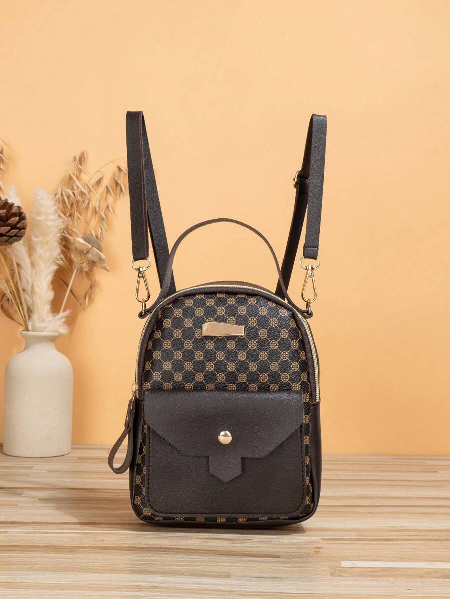 Không thấm nước , Nhẹ , Mini di động Ba lô Cổ điển Họa tiết Hình học Túi mặt trước Trang trí kim loại - màu nâu - Xem 1