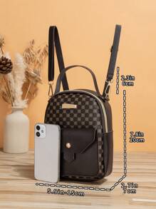 Mini mochila clásica impermeable, ligera, portátil, diseño geométrico, bolsillo frontal, decoración de metal - Marrón - Ver 2