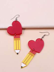 1對時尚心和鉛筆耳墜適合女士日常裝飾 - 彩色 - 查看 1