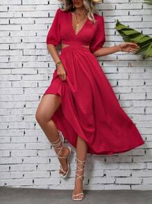 Breezaya Solid Cut Out Waist Tie Backless Dress - Burgundy - View 4