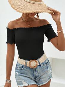 SHEIN VCAY Off Shoulder Lettuce Trim Tee - Black - View 3