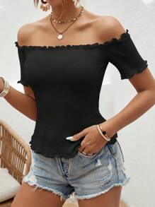 SHEIN VCAY Off Shoulder Lettuce Trim Tee - Black - View 6