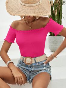 SHEIN VCAY Off Shoulder Lettuce Trim Tee - Hot Pink - View 6