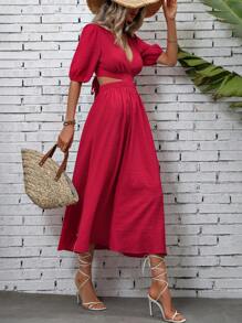 Breezaya Solid Cut Out Waist Tie Backless Dress - Burgundy - View 5