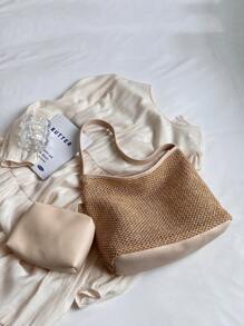 Túi rơm ràng buộc tương phản với túi bên trong Bộ cặp học sinh dành cho sinh viên mới tốt nghiệp, cô gái tuổi teen, sinh viên năm nhất, sinh viên năm hai, trung học cơ sở và trung học phổ thông, đại học và trung học phổ thông, hoàn hảo cho hoạt động ngoài trời, du lịch và quay lại trường học - Màu be - Xem 3