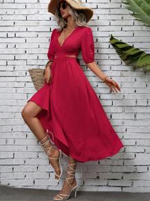 Breezaya Solid Cut Out Waist Tie Backless Dress - Burgundy - View 6