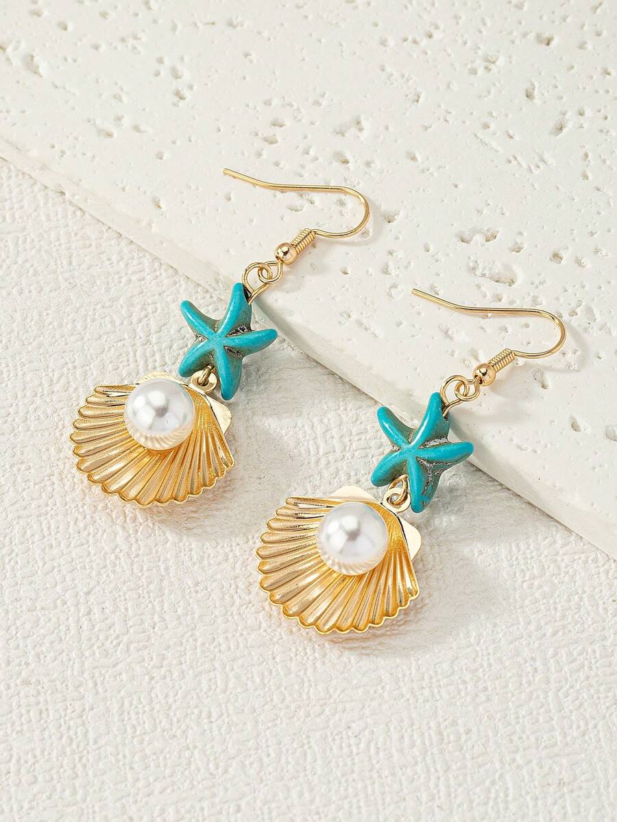 1pair Cute & Fashionable Starfish, Shell & Faux Pearl Drop Earrings In European And Americana Style - Multicolor - View 1