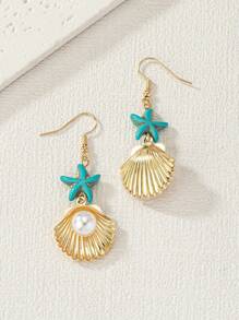 1pair Cute & Fashionable Starfish, Shell & Faux Pearl Drop Earrings In European And Americana Style - Multicolor - View 2