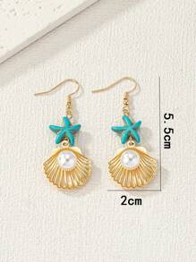 1pair Cute & Fashionable Starfish, Shell & Faux Pearl Drop Earrings In European And Americana Style - Multicolor - View 4