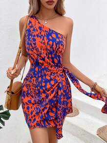 Breezaya Allover Print One Shoulder Knot Side Wrap Hem Dress - Blue - View 6