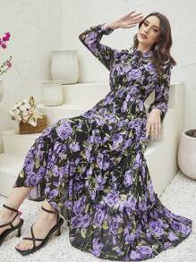 Floral Print Tie Neck Ruffle Hem Dress - Purple - View 1