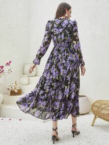 Floral Print Tie Neck Ruffle Hem Dress - Purple - View 2
