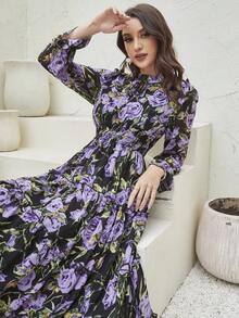 Floral Print Tie Neck Ruffle Hem Dress - Purple - View 3